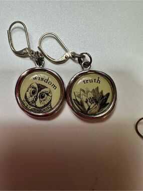 Silver-Tone 'Wisdom & Truth' Dangle Earrings with Cream and Black Motifs